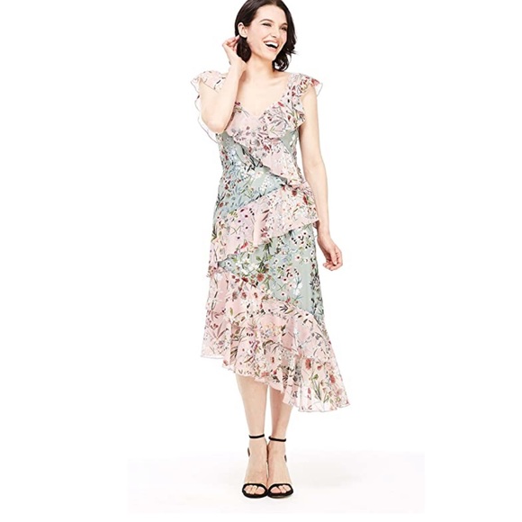 Maggy London Coral/Sage Floral Ruffle Dress - Picture 2 of 8